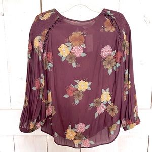 Loft Wine Floral Peasant Blouse shoulder detail and pleated sleeve LARGE NWT‎